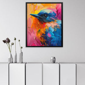 a painting of a colorful bird on a white wall