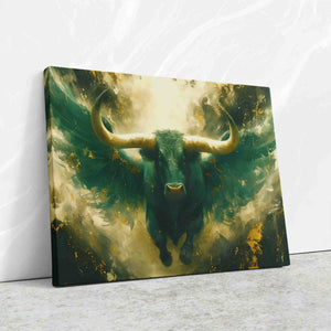 a painting of a bull with wings on a wall