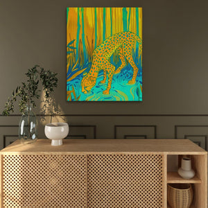 a painting of a leopard on a wall in a room