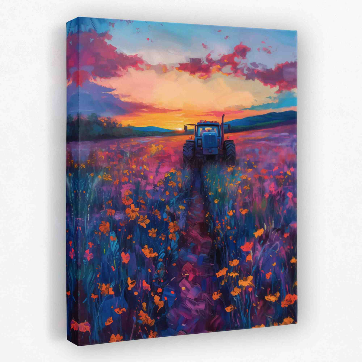 a painting of a tractor in a field of flowers