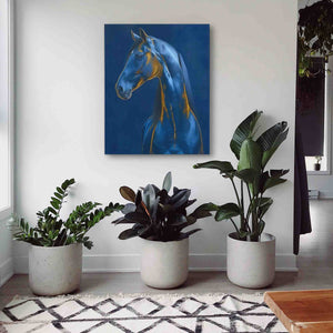 a painting of a horse in a room with plants