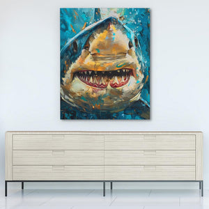 a painting of a shark with open mouth