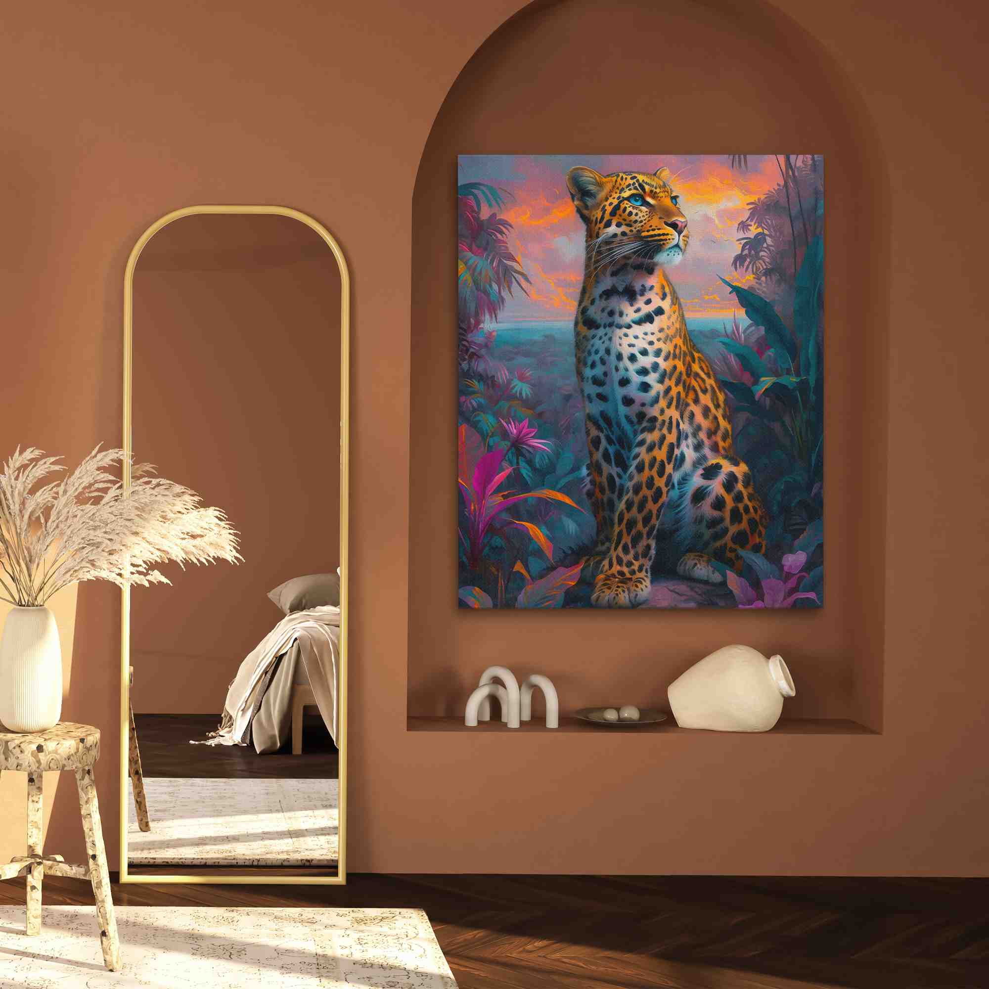 a painting of a leopard sitting on a rock