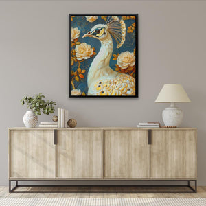 a painting of a peacock sitting on top of a dresser