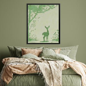 a green bedroom with a deer poster above the bed