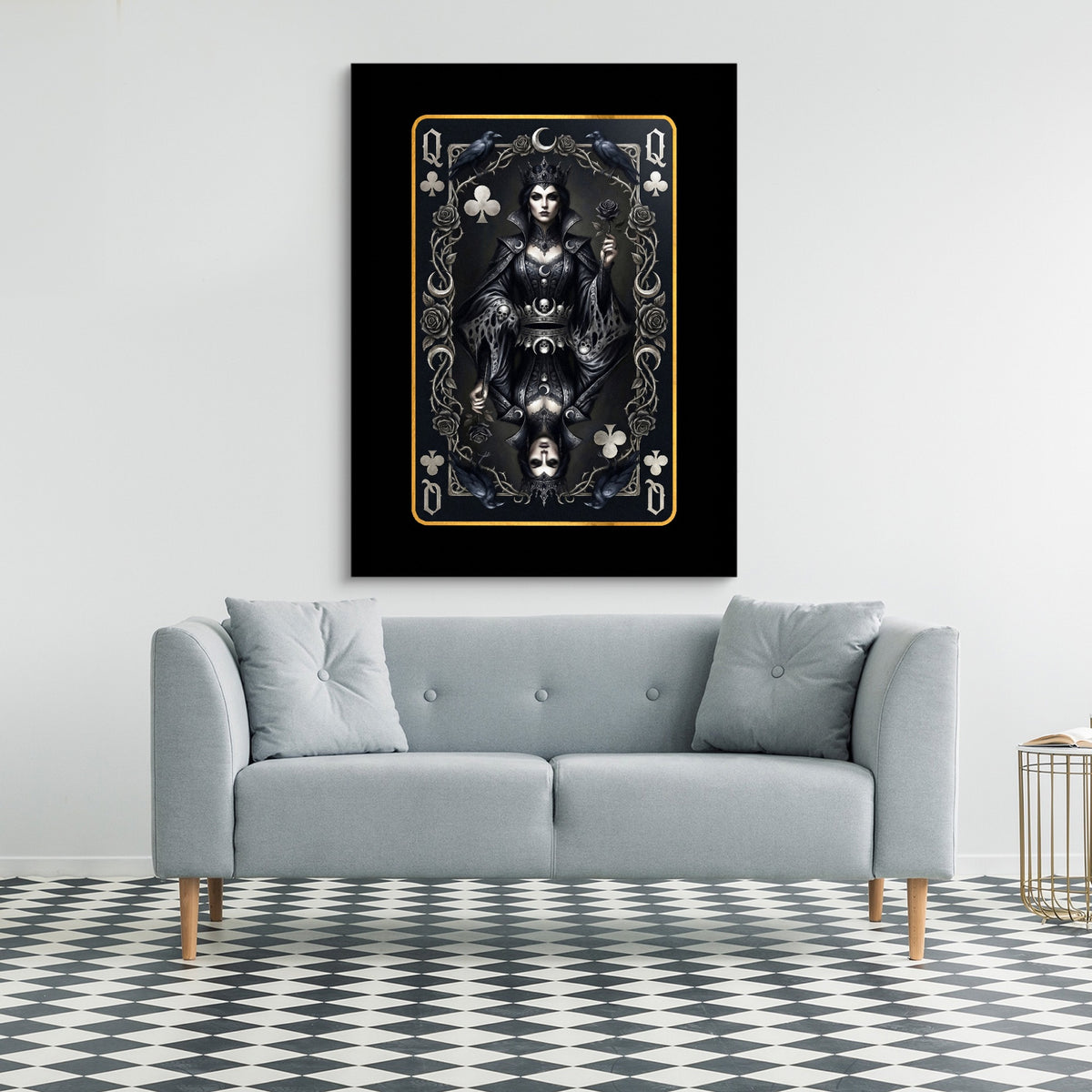 Dark Queen Of Clubs Card — dark queen of clubs card sq checkered floor 1port flush print