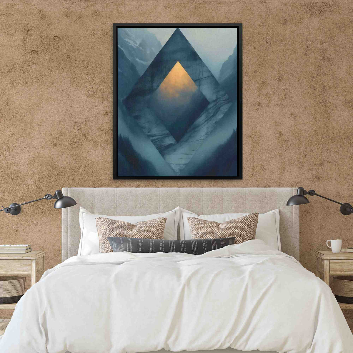 a bedroom with a large bed and a painting on the wall