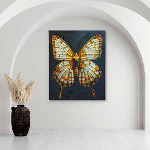 a painting of a yellow butterfly on a white wall