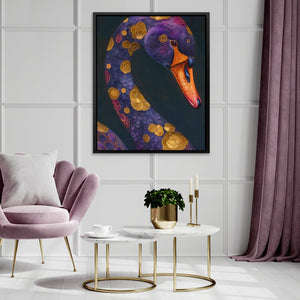 a painting of a purple swan in a living room