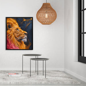 a painting of a lion on a wall next to a table