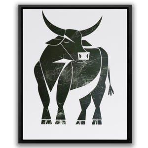 a black and white picture of a bull with horns