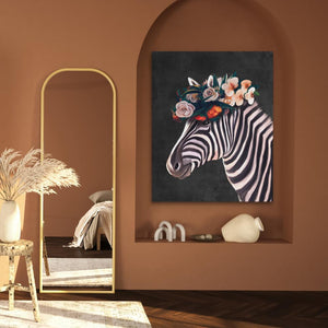 a painting of a zebra with flowers on its head