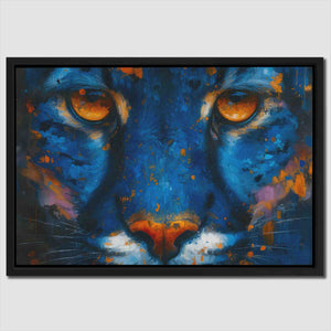 a painting of a blue tiger's face with orange eyes