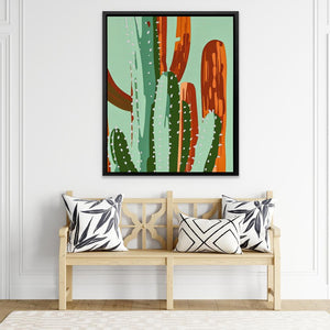 a painting of a cactus on a wall above a wooden bench