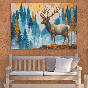 a painting of a deer on a wall above a bench