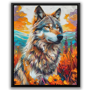 a painting of a wolf in a field of flowers