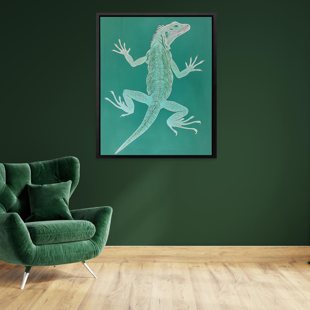 a painting of a lizard on a green background