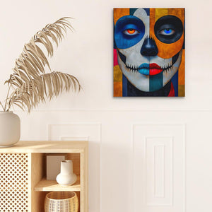 a painting of a skeleton with blue eyes on a white wall