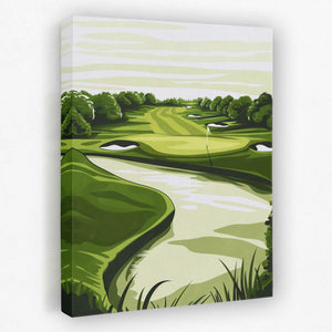 a painting of a golf course with a river running through it