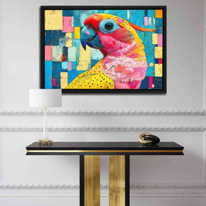 a painting of a parrot on a wall above a table