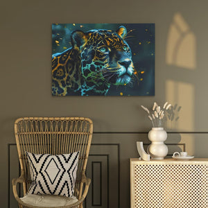 a painting of a leopard on a wall next to a chair