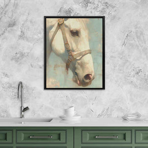 a painting of a white horse in a kitchen