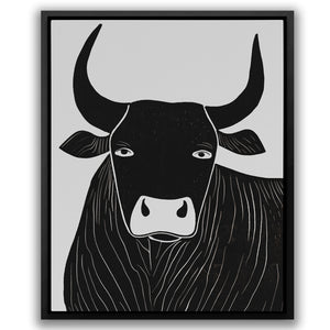 a black and white picture of a bull with horns