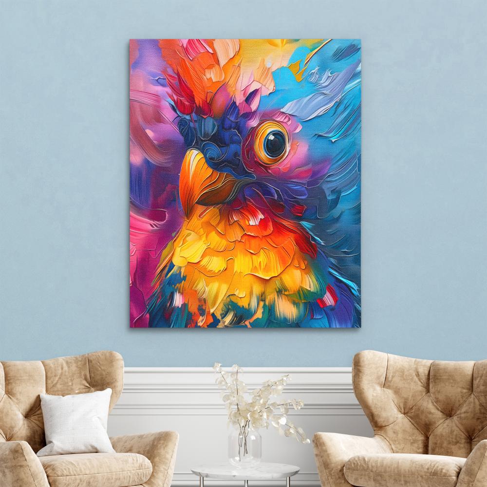 a painting of a colorful bird on a white background