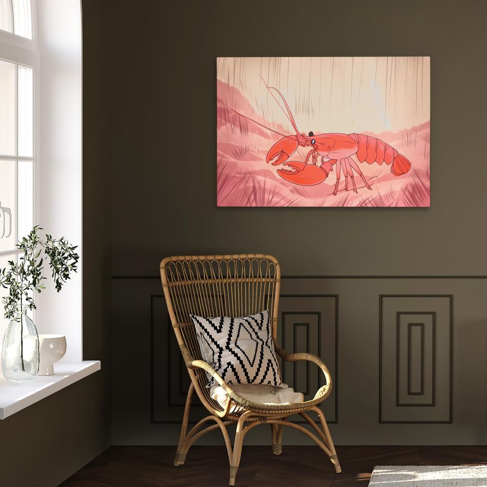 a painting of a red lobster on a pink background