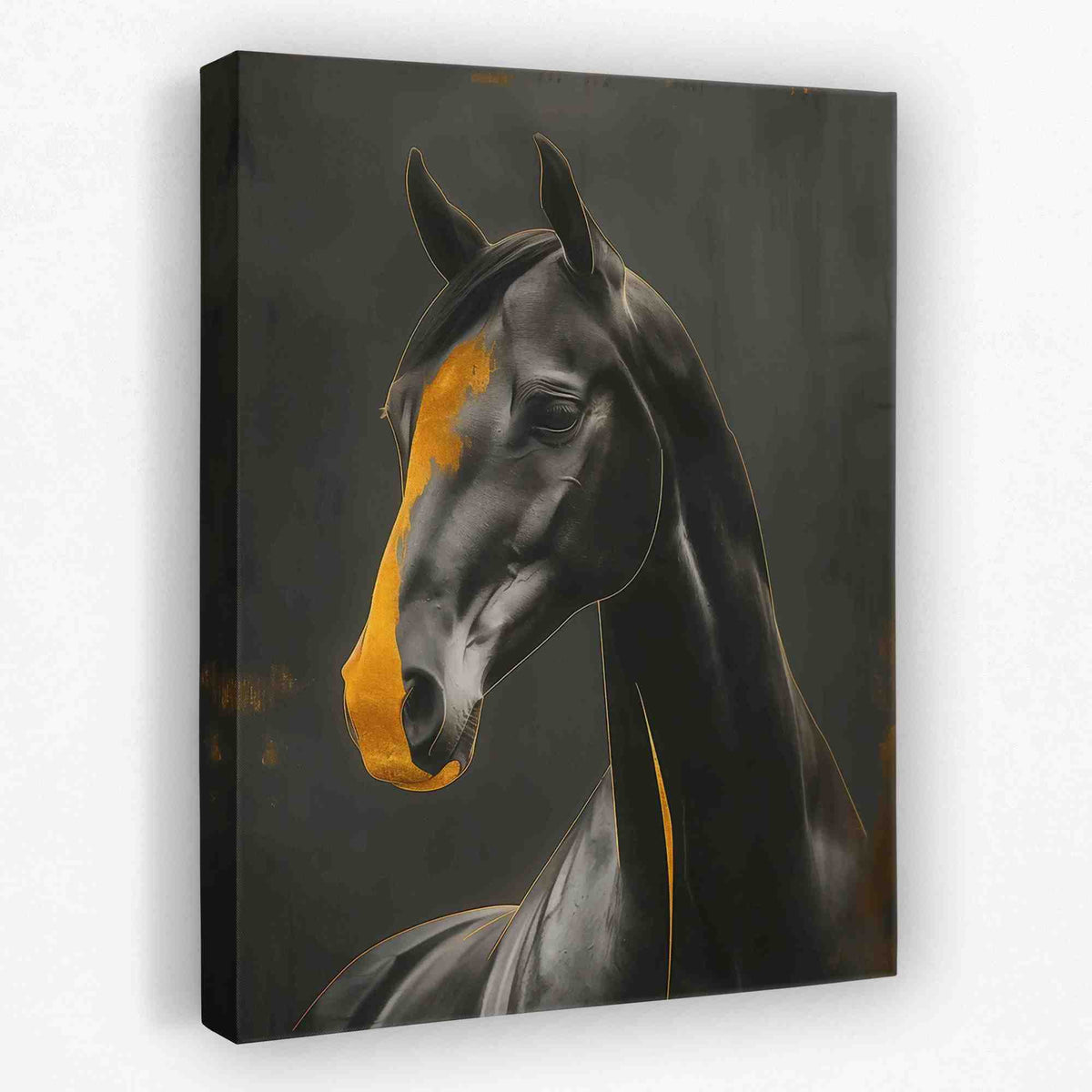 a painting of a black horse with a yellow stripe