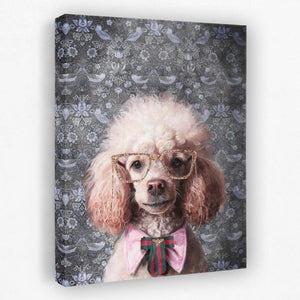 a poodle wearing glasses and a bow tie