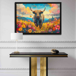 a painting of a bison in a field of flowers