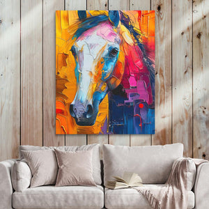 a painting of a horse on a wooden wall