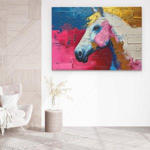 a painting of a horse on a wall next to a chair