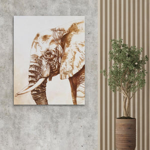 a painting of an elephant on a wall next to a potted plant