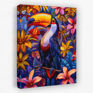 a colorful painting of a toucan bird on a branch