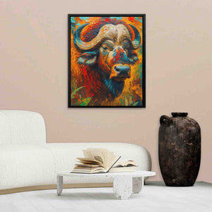 a painting of a buffalo in a living room