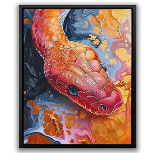 a painting of a red snake on a blue background