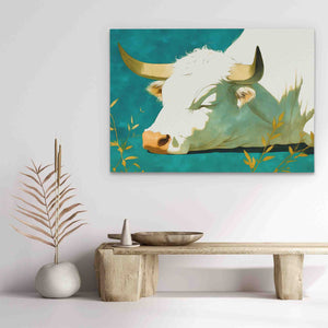 a painting of a cow is hanging on a wall