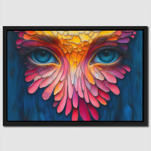 a painting of an owl's eye with colorful feathers