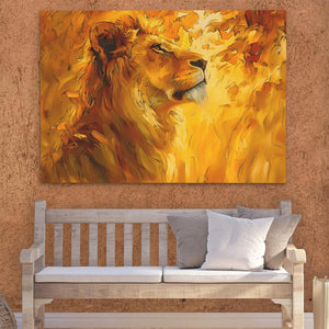 a painting of a lion on a wall above a bench