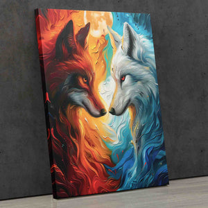 a painting of two foxes facing each other