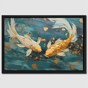 a painting of two gold fish swimming in a pond