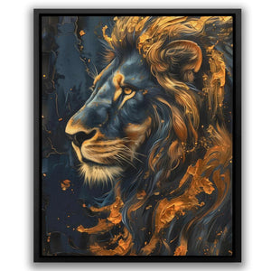 a painting of a lion's face with orange and blue colors