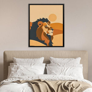 a picture of a lion on a wall above a bed