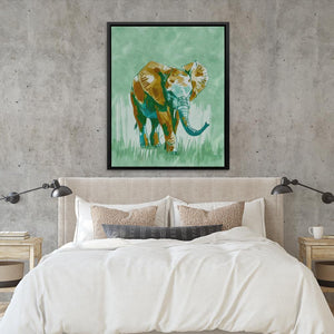 a painting of an elephant on a wall above a bed