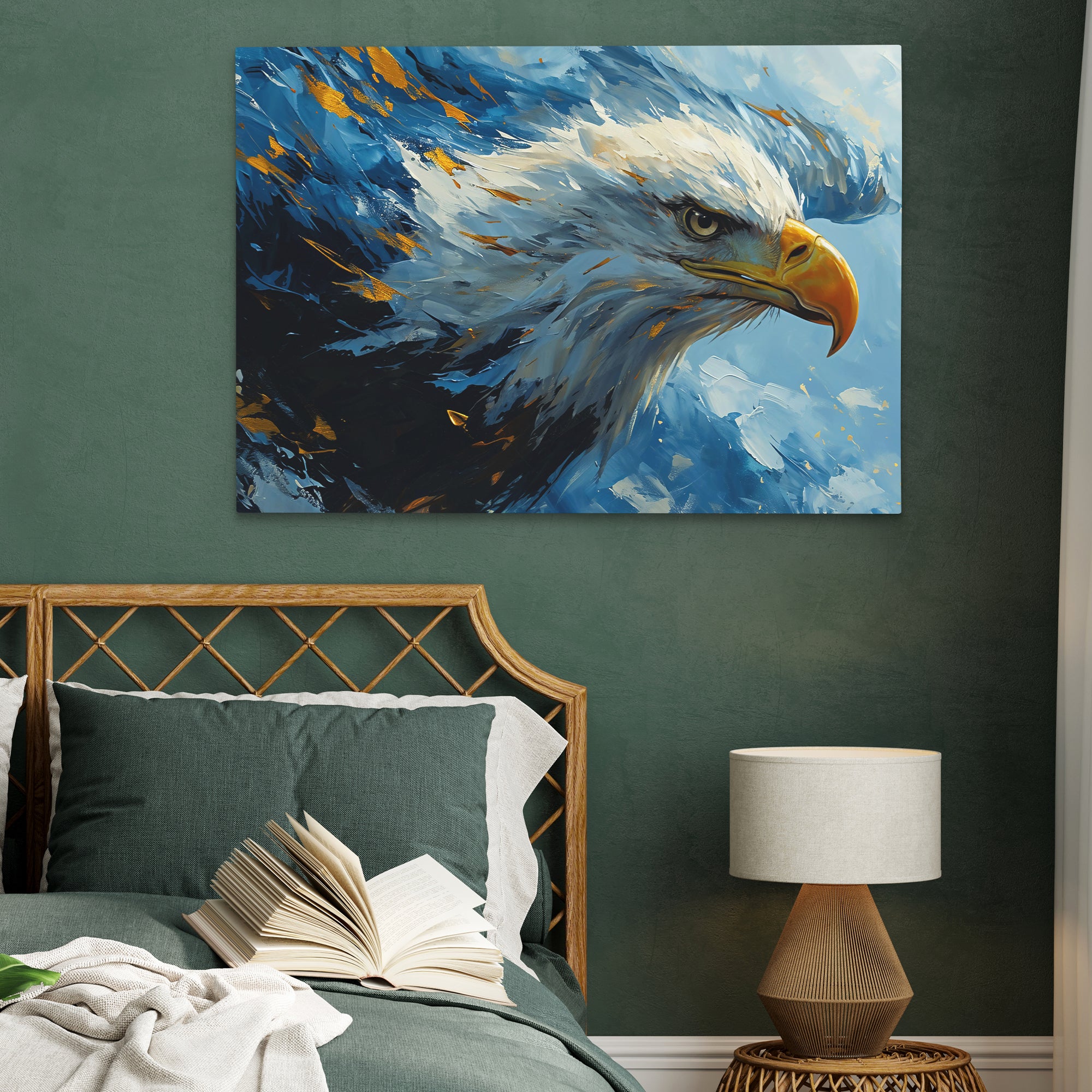 a painting of an eagle on a white wall