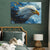 a painting of an eagle on a wall above a bed