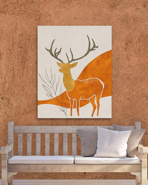 a painting of a deer on a wall next to a bench