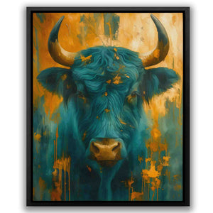 a painting of a blue bull with large horns